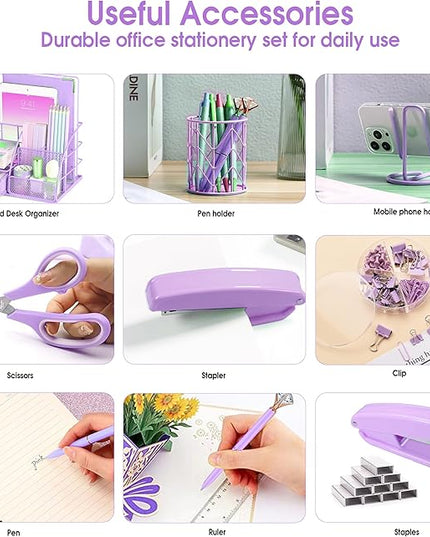 Purple Desk Organizers and Accessories Office Supplies Set Stapler, Pen Holder, Phone Holder, Scissors, Pen, Ruler, 30 Paper Clips, 22 Binder Clip, 20 Tacks and 1000pcs Staples