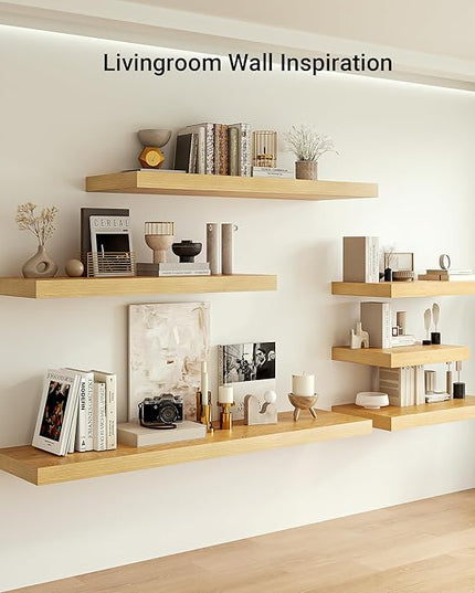Heimlove 12" Deep Floating Shelves, 36 x 12 Inch Wall Mounted Long Floating Shelf with Invisible Brackets, for Home Decor, Bedroom, Kitchen, Living Room, Bathroom - 1 Pack, Oak