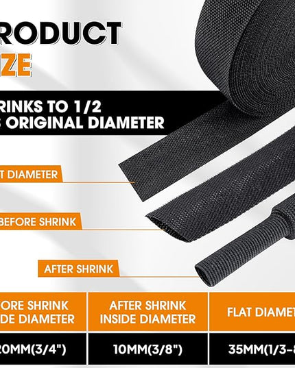Black 2:1 Ratio Automotive Heat Shrink Braided Sleeving,Wear-Resistant Flat Woven Shrinkable Sleeve Fabric Car Cable Wires Hoses Protection (3/4"-15ft)