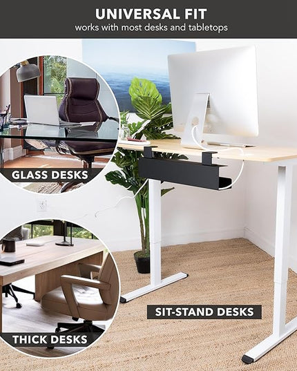 Mount-It! Clamp-On Under Desk Cable Management Tray – No-Drill Metal Cable Organizer for Office & Glass Desks, Secure Wire Management Tray for Power Strips & Cords – Sturdy Desk Cable Tray 23.6” Black