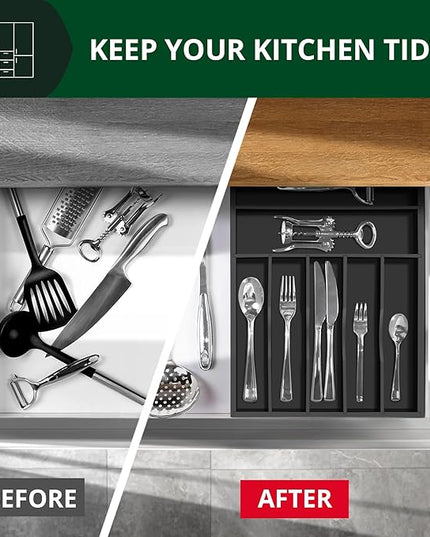 ROYAL CRAFT WOOD Luxury Bamboo Kitchen Drawer Organizer - Silverware Organizer - Utensil Holder and Cutlery Tray with Grooved Drawer Dividers for Flatware and Kitchen Utensils (7 Slot, Black)