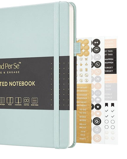 &And Per Se Dotted Journal Notebook, A5 Hardcover Leather Bullet Dotted Journal, 160 Pages 100 gsm Thick Paper, 3 Sheets of Stickers Included- 5.7'' x 8''（Cyan）