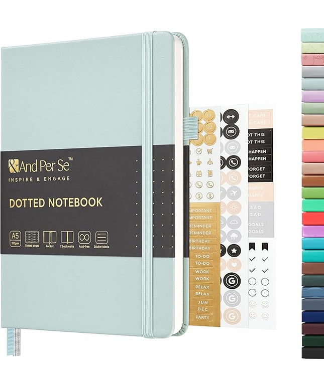 &And Per Se Dotted Journal Notebook, A5 Hardcover Leather Bullet Dotted Journal, 160 Pages 100 gsm Thick Paper, 3 Sheets of Stickers Included- 5.7'' x 8''（Cyan）