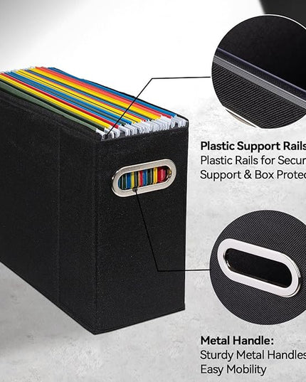 4 Packs Letter Size File Organizer, File Folders Organizer, Fabric Storage Box, Collapsible Paper Organizer with Metal Handle, Smooth PVC Rails, Only Box (Black)