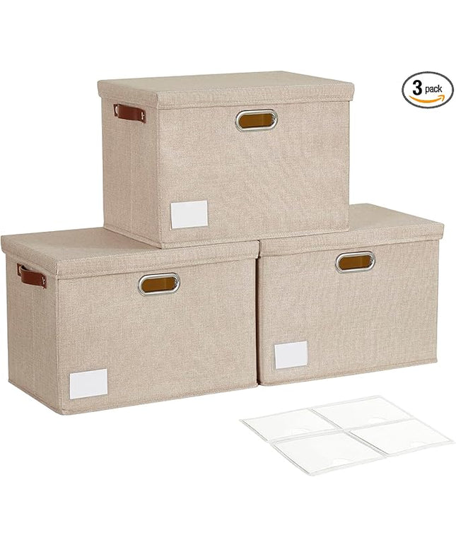 17" Large Collapsible Storage Bins with Lids, Stackable Closet Organizers with PU Handle and Labels, 3-Pack Decorative Fabric Storage Boxes for Home, Bedroom, Closet, Office, Nursery(Khaki)