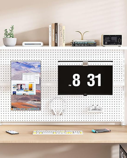 KEIKI Metal Pegboard Desk Organizer with Dual Monitor Stand, 59" x 35" Large Desk Peg Board with Hooks & Movable Panel, Office Organization and Storage Shelf for Gaming or Workstation Setup, White