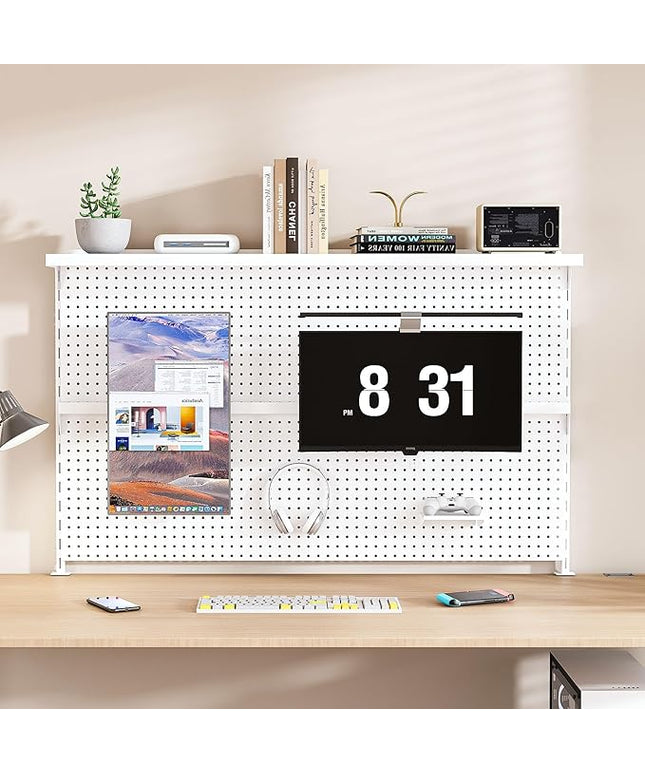 KEIKI Metal Pegboard Desk Organizer with Dual Monitor Stand, 59" x 35" Large Desk Peg Board with Hooks & Movable Panel, Office Organization and Storage Shelf for Gaming or Workstation Setup, White
