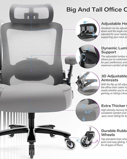 600lbs Big and Tall Office Chair- Heavy Duty Executive Computer Chair with 3D Flip Arms Large Wheels, Ergonomic Mesh High Back Desk Chair, Extra Wide Seat Adjustable Lumbar Support&Headrest