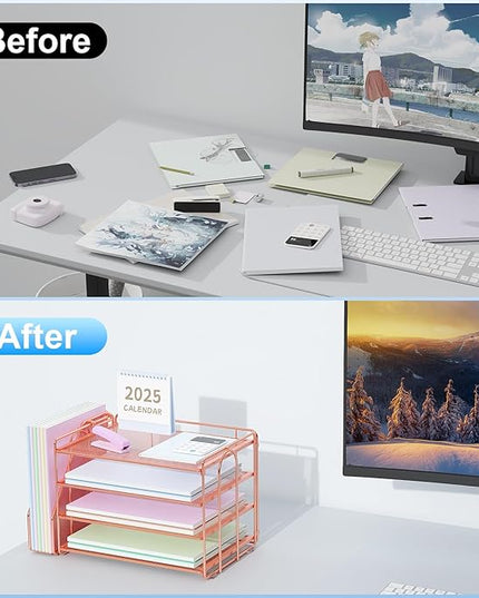 Spacrea Desk Organizers and Accessories, Paper Organizer for Desk with File organizer, Desk Accessories & Workspace Organizers for Office Supplies (Rose Gold)