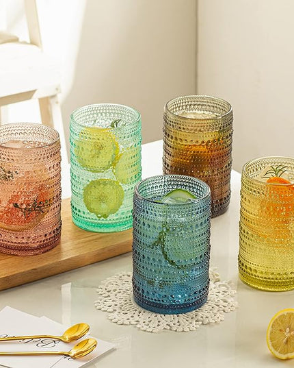 Vintage Glassware Set - 4pcs Multicolor 15.2oz Hobnail Drinking Glasses for Beer, Cocktail, Soda & Juice - Embossed Old Fashioned Glassware with Four Unique Colors