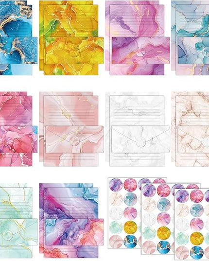TaoBary 160 Pcs Stationery Paper Set 50 Double Sided Stationery Papers with 50 Matching Envelopes and 60 Round Dot Sticker, 10 Design(Marble,8.5 x 11 Inch)