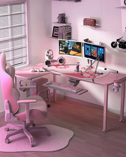 EUREKA ERGONOMIC Gaming Desk,60 Inch Pink L-Shaped Computer Desk, Corner Desk Gamer Desk Game Table with Free Mouse Pad for Girls Home Office Wood & Metal Space-Saving,Easy to Assemble,Pink