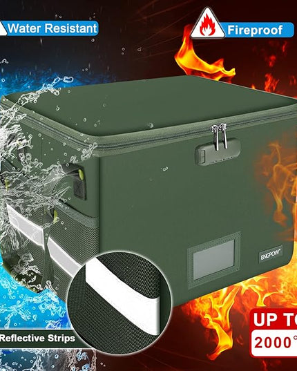 ENGPOW File Box with Lock, Fireproof Document Box with Zipper Lid, Collapsible File Storage Organizer Filing Cabinet with Handle, Portable Home Office Safe for Hanging Letter/Legal Folders, Green