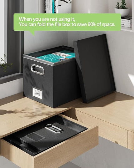 File Organizer Box File Boxes for Hanging Files with Lid Set of 3 Decorative Hanging Folders Letter Size Organizer with One-Piece Plastic Frame Slides (13.2 * 10.1 * 10.1in(3Pack), Black)