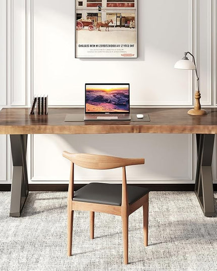 Solid Wood Desk 55 inches, Home Office Computer Desk Wooden Rustic Writing Desk Metal Modern Simple Design Executive Real Wood Desk(Rustic Brown)