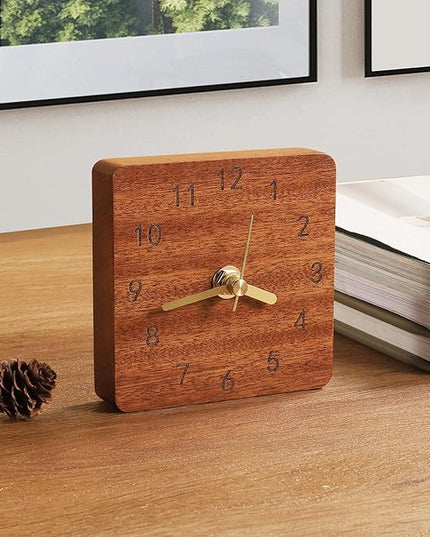 Kattepote Wooden Table Clock on Stand, Decorative Battery Operated Desk and Shelf Clock, Silent Non-Ticking Desktop Clock for Office, Living Room or Bedroom Decor, Square Shape, Sapele Wood