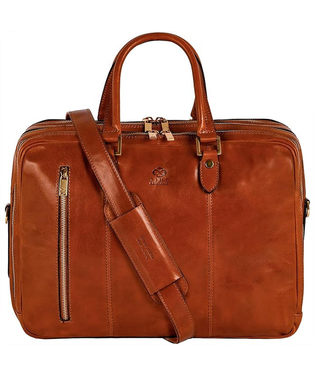 Time Resistance Leather Laptop Briefcase - Full Grain Leather Computer Bag for Men and Women