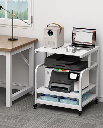Printer Stand, 25.6" x 23.6" x 30.9" Extra Large Printer Table with Adjustable Storage Shelf, 3 Tier Rolling Printer Cart with Industrial Wheels for Home Office, White