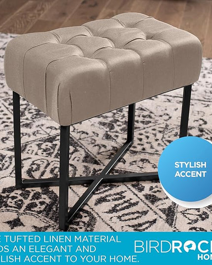 BIRDROCK HOME Rectangular Tufted Foot Stool Ottoman with Soft Padded Cushion - Versatile Vanity Chair for Bedroom, Living Room, Bathroom - Compact Seating for Adults - Beige with Black Metal Legs