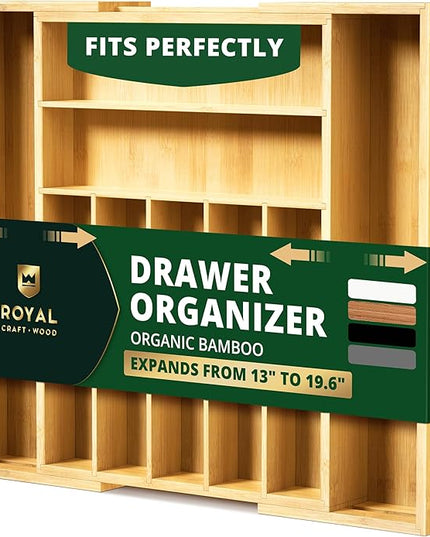 ROYAL CRAFT WOOD Luxury Bamboo Kitchen Drawer Organizer - Silverware Organizer, Utensil Holder & Cutlery Tray Drawer Dividers for Flatware (9 Slot, Natural)