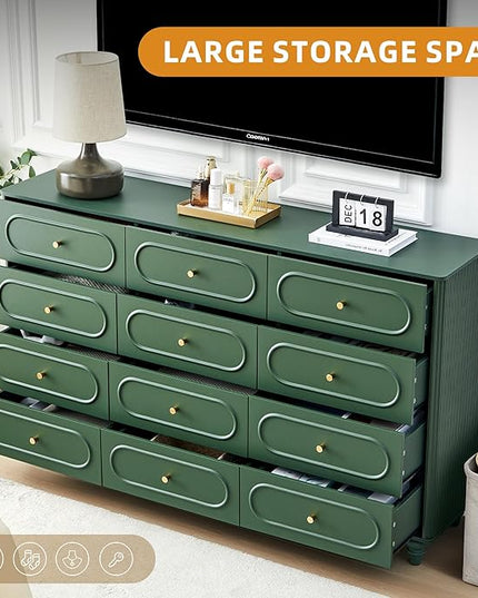 12 Drawer Fluted Dresser for Bedroom, Mid Century Modern Chest of Drawers, Wood Storage Small Dresser Organizer for Bedroom Living Room Hallway Closet, Green