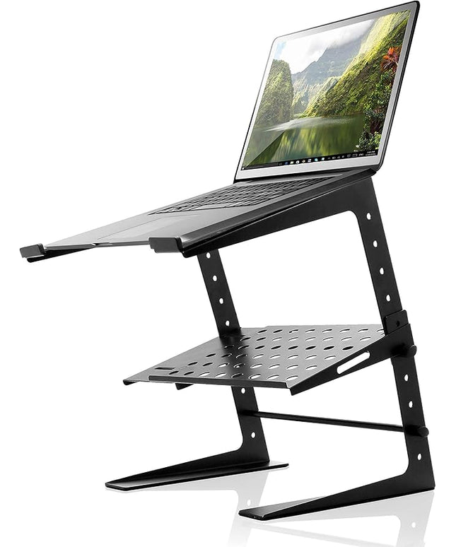 Pyle Portable Adjustable Laptop Stand - 6.3 to 10.9 Inch Standing Table Monitor or Computer Desk Workstation Riser with Shelf Storage and Height Alignment for DJ, PC, Gaming, Home or Office - PLPTS26