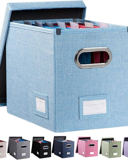 PRANDOM File Organizer Box - Set of 1 Collapsible Decorative Linen Filing Storage Hanging File Folders with Lids Office Cabinet Letter Size Blue (14x9.3x10.8 inch)