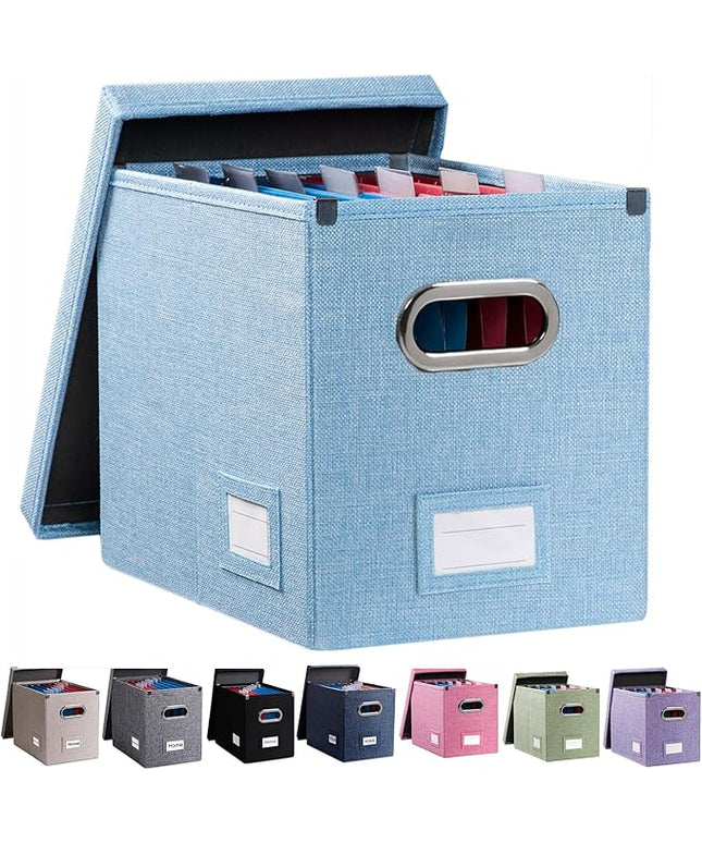 PRANDOM File Organizer Box - Set of 1 Collapsible Decorative Linen Filing Storage Hanging File Folders with Lids Office Cabinet Letter Size Blue (14x9.3x10.8 inch)