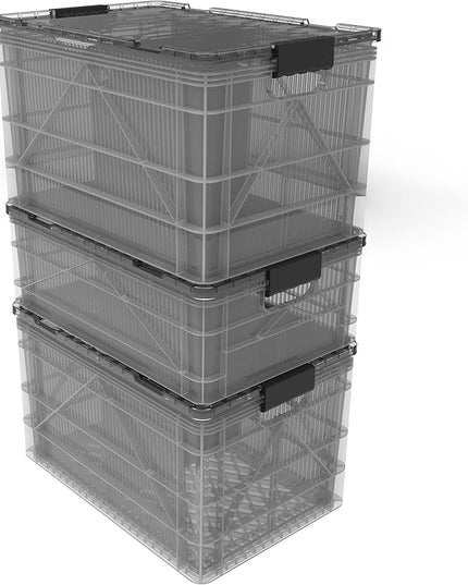 SIDIO CRATE Pro Pack - Two Full Size and One Half Size SidioCrate, Stackable Outdoor Organizer Storage Bins with Clear Lid and Dividers - Clear