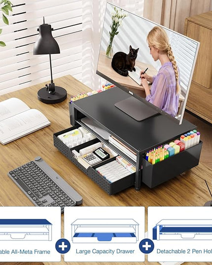 OPNICE Desk Organizer, 2-Tier Computer Monitor Stand Riser with Drawer and 2 Pen Holders, Laptop Stand, Office Desk Accessories for Office Supplies, Black – Hot Seller