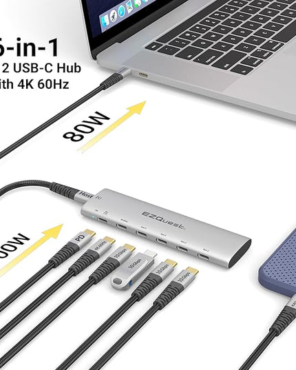 EZQuest USB-C Slim Gen 2 Hub Adapter 6-in-1 1 USB-C 4K/60Hz Video, 4 USB-C Gen 2 10Gbps, and 1 USB-C Power Delivery 3.0
