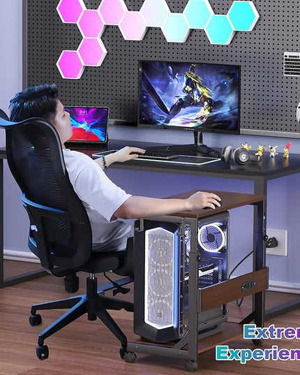Height Adjustable Computer Tower Stand with Charge Station and USB Charging Port, 2-Tier ATX-Case Cart, Under Desk Mobile PC Stand, CPU Holder Cart with Locking Caster Wheels for Fits Most PC