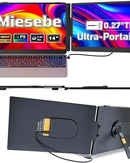 Miesebe Laptop Screen Extender 14", Ultra Thin 0.27'' FHD 1080P Portable Monitor for Laptop 13-17.3", Plug n Play Extra Monitor Extender, Eye Care Second Screen for MacBook/Windows/Android/Switch/PS5