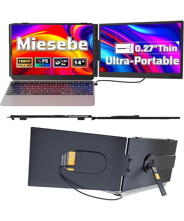 Miesebe Laptop Screen Extender 14", Ultra Thin 0.27'' FHD 1080P Portable Monitor for Laptop 13-17.3", Plug n Play Extra Monitor Extender, Eye Care Second Screen for MacBook/Windows/Android/Switch/PS5