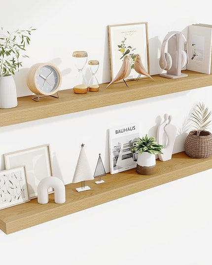 Fun Memories Floating Shelves 48 Inch, Extra Large Wood Shelf Set of 2, Hanging Wall Shelves for Bathroom, Living Room, Kitchen, Bedroom, Oak