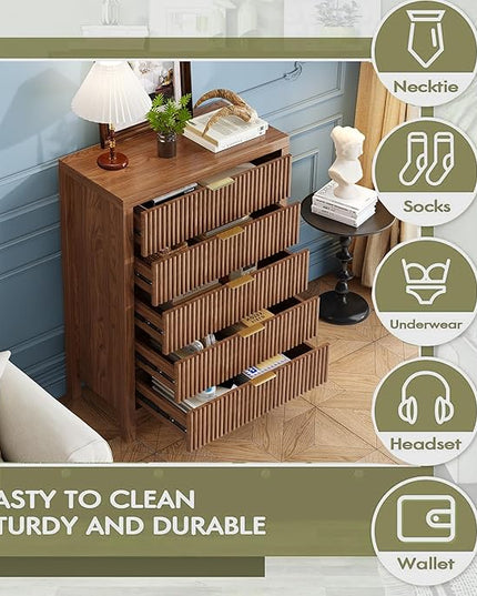 JZXSHD 5 Drawer Dresser, 43" Tall Dresser Organizer TV Drawer Cabinet Modern Wood Storage Cabinet, Modern Wood Storage Cabinet for Bedroom, Hallway, Entryway, Walnut Oak X 2