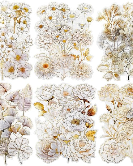 AuriicLeaf Floral PET Stickers – 60 Foil-Stamped Self-Adhesive Flower Designs Waterproof Transparent Stickers for Scrapbooking Journaling DIY Crafts and Decoration