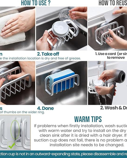 TAILI Sponge Holder for Kitchen Sink with Strong Suction Cup, Rustproof Aluminum Sink Caddy for Sponges, Removable Sponge Holder, Dish Brush for Scraper - Silver