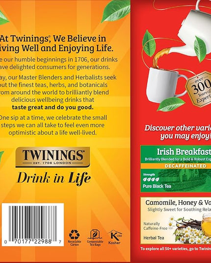 Twinings Decaffeinated English Breakfast Black Tea Individually Wrapped Bags, 100 Count (Pack of 1), Smooth, Flavourful Black Tea, Enjoy Hot or Iced, 100 Teabags