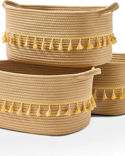 Storage Bins Woven Baskets for Storage Set of 3, Cotton Rope Basket with Handles for Toys/Shelves/Laundry, Rectangle Multi-Purpose Organizer for Living Room, Bedroom, Nursery (Brown)