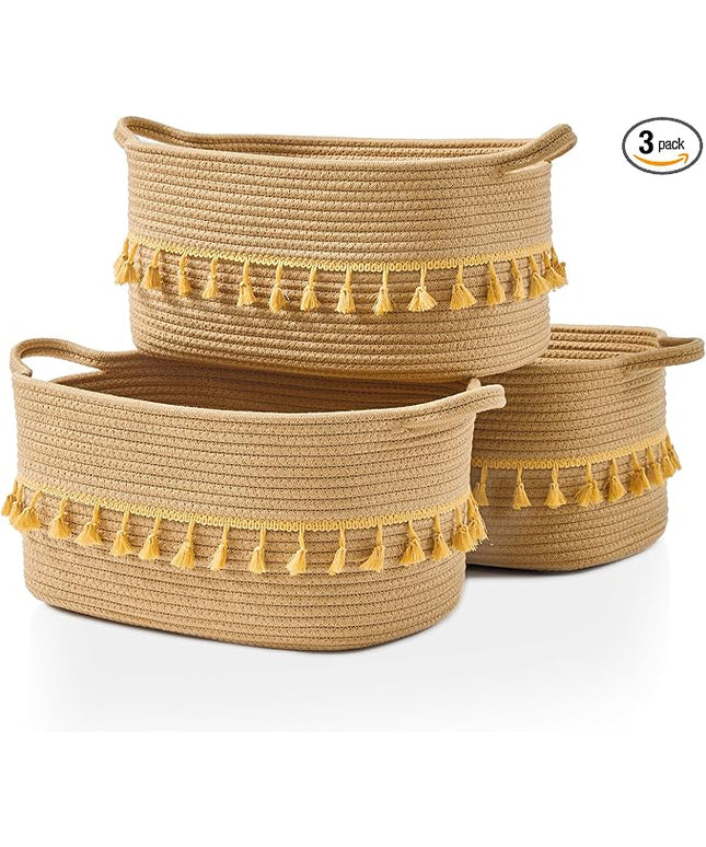 Storage Bins Woven Baskets for Storage Set of 3, Cotton Rope Basket with Handles for Toys/Shelves/Laundry, Rectangle Multi-Purpose Organizer for Living Room, Bedroom, Nursery (Brown)