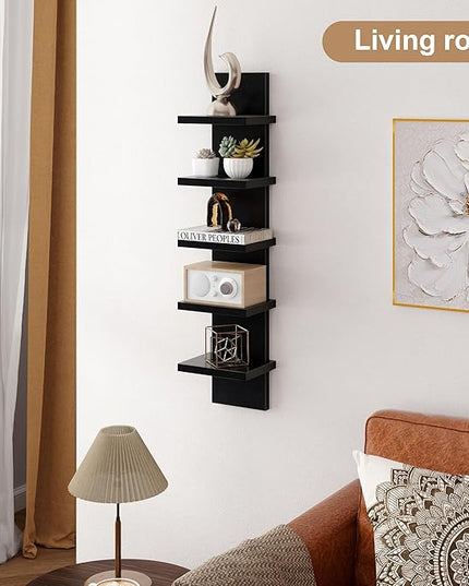 Fun Memories 5 Tier Wall Shelf Unit, Decorative Wall Mount Vertical Shelving, Floating Storage Home Decor Organizer Tall Tower Design Utility Shelving Bedroom Living Room, Black