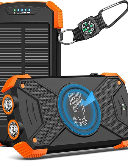 BLAVOR Solar Power Bank 10,000mAh, Portable Wireless Charger, 20W Fast Charging External Battery Pack with USB C for Cell Phones, Solar Panel Charging with Dual Flashlight for Camping