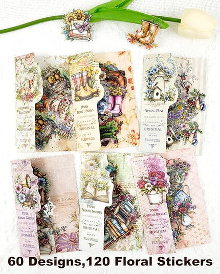 AuriicLeaf Twilight Garden PET Stickers – 120Pcs Retro Botanical & Animal Stickers, Waterproof for Scrapbooking, Journaling, Crafting & DIY Decor
