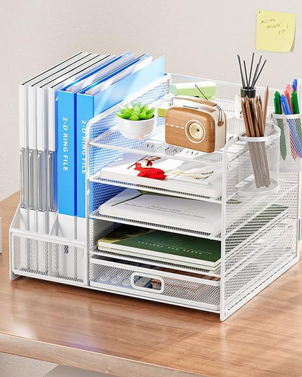 Marbrasse Desk Organiser with File Holder, 5-Tier Paper Letter Tray Organiser with Drawer and 2 Pen Holder, Mesh Desktop Organizer and Storage with Magazine Holder for Office Supplies(White)