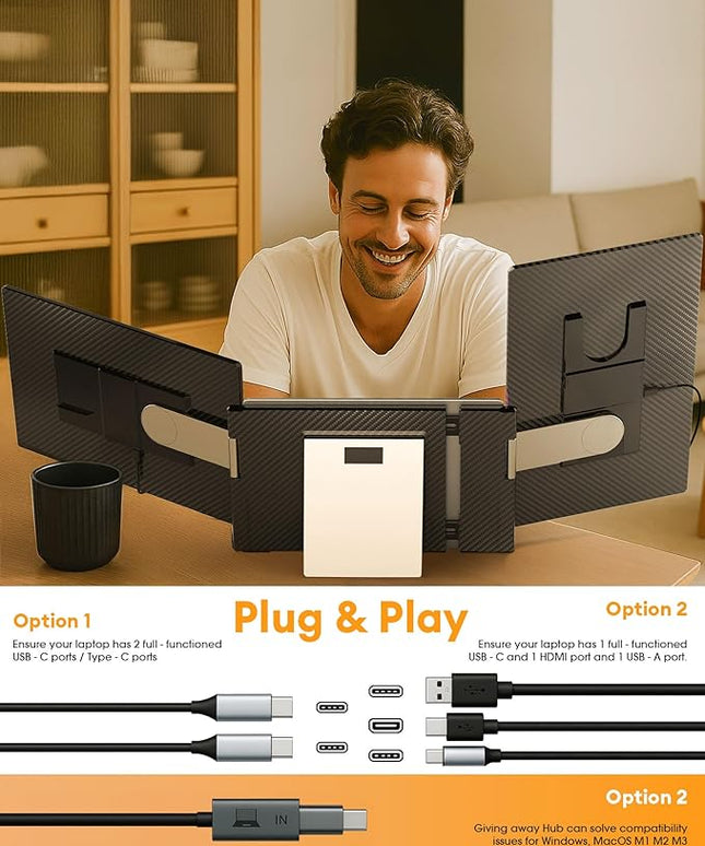 NGTeco 16" Laptop Triple Screen Extender, 1200P IPS Portable Monitor for Laptops 13-17", with Type-C/HDMI/USB-A, Plug & Play, Compatible with Windows/Mac/Chrome OS