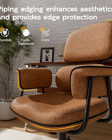 Fabric Office Chair with Granular Linen, Mid Back Vintage Desk Chair with Wheels and Wide Arms, Mid Century Modern Home Office Desk Chairs with Memory Foam Seat Cushion, Adjustable Height, Brown