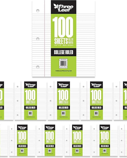 THREE LEAF 100 SHEETS COLLEGE RULED FILLER PAPER, PACK OF 12, LOOSE-LEAF SHEETS FOR SCHOOL AND OFFICE 100 CT. FILLER PAPER, NOTEBOOK PAPER
