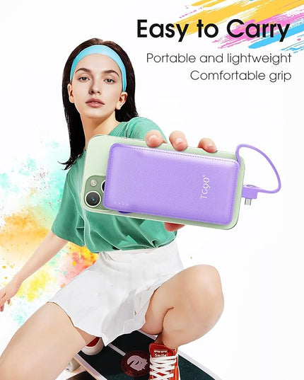 TG90° Portable Charger,10000mAh Power Bank Built-in Cables and AC Wall Plug,USB C Portable Bank,Travel Essentials Phone Charger Compact External Battery Pack Compatible with iPhones,iPad, Samsung