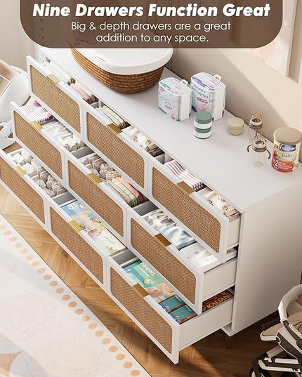 Garvee Rattan Dresser with 9 Drawers, Tall Modern Closet with Deep Storage, Large Chest of Drawers with Wide Top, Long Wooden Dresser for Bedroom, Living Room, Hallway, Kids Room, White